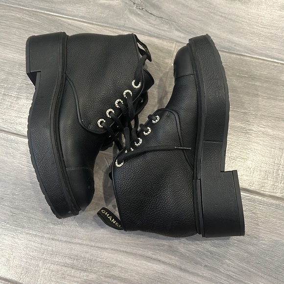 Chanel Black Leather Combat Ankle Boots, Women's (Size 38.5) - Picture 9 of 9
